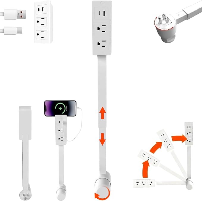 Electrical Outlet Extender Stick — USB-A, USB-C, 2 AC Outlets, 17"–27" Extendable & 180° Rotating — image 1